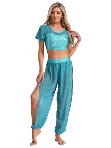 Freebily Damen Kostüm Arabische Prinzessin Pailletten Crop Top Und Hose Halloween Fasching Kostüm Märchen Cosplay Tanzkleidung Blau XXL Freebily Damen Kostüm Arabische Prinzessin Pailletten Crop Top Und Hose Halloween Fasching Kostüm Märchen Cosplay Tanzkleidung Blau XXL von Freebily