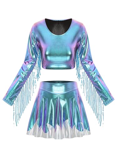 Freebily Damen Kostüm Cheer Leader Space Girl Alien Kostüm Halloween Karneval Glitzer Metallic Fransen Langarm Top Mini Skaterrock Set Blau XXL Freebily Damen Kostüm Cheer Leader Space Girl Alien Kostüm Halloween Karneval Glitzer Metallic Fransen Langarm Top Mini Skaterrock Set Blau XXL von Freebily
