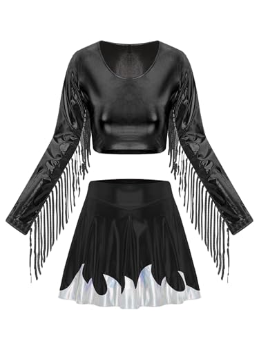 Freebily Damen Kostüm Cheer Leader Space Girl Alien Kostüm Halloween Karneval Glitzer Metallic Fransen Langarm Top Mini Skaterrock Set Schwarz M von Freebily