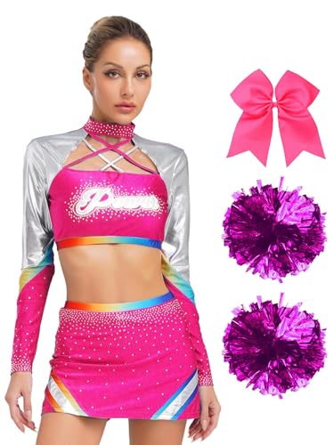 Freebily Damen Kostüm Cheerleading Pom Poms Pailletten Crop Top Faltenrock Erwachsenenkostüm Karneval High School Musical Outfit Tanzanzug Hotpink L von Freebily