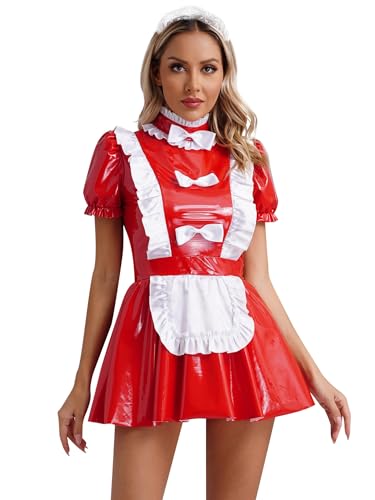 Freebily Damen Kostüm Dienstmädchen Leder Lack Maid Kleid Französisches Magd Uniform Fasching Karneval Kostüm Rollenspiel Nachthemd Rot_E 4XL von Freebily