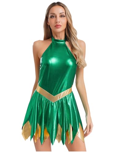 Freebily Damen Kostüm Fee Waldfeen Kleid Märchenkostüm Halloween Mottoparty Faschnacht Glänzendes Metallic Minikleid Grün L von Freebily