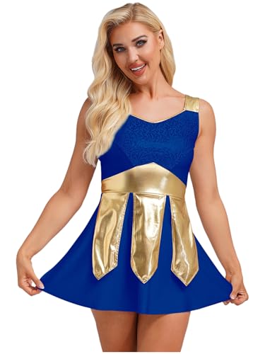 Freebily Damen Kostüm Gladiatorin Römische Kriegerin Kleid Glitzer Kriegerische Wappenrock-optik Erwachsene Karneval Faschingskostüme Königsblau S von Freebily