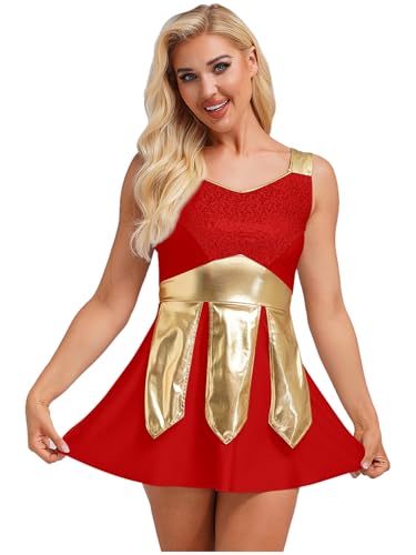Freebily Damen Kostüm Gladiatorin Römische Kriegerin Kleid Glitzer Kriegerische Wappenrock-optik Erwachsene Karneval Faschingskostüme Rot XXL von Freebily