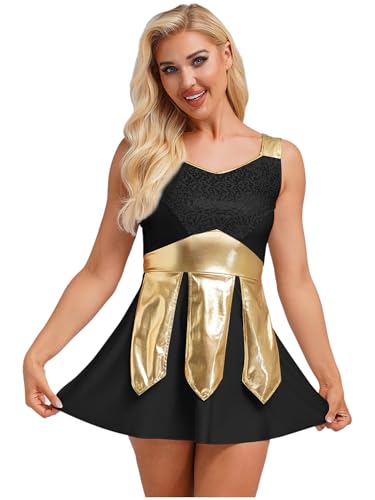 Freebily Damen Kostüm Gladiatorin Römische Kriegerin Kleid Glitzer Kriegerische Wappenrock-optik Erwachsene Karneval Faschingskostüme Schwarz 3XL von Freebily