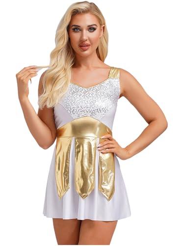 Freebily Damen Kostüm Gladiatorin Römische Kriegerin Kleid Glitzer Kriegerische Wappenrock-optik Erwachsene Karneval Faschingskostüme Weiß L von Freebily