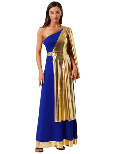 Freebily Damen Kostüm Griechisch Römische Göttin Kleid Ein Schulter Toga Metallic Überwurf Römer Griechen Kostüm Karneval Halloween Königsblau XXL von Freebily