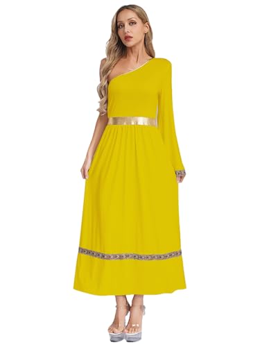 Freebily Damen Kostüm Griechische Göttin Kleid Toga Ein-schulter Römische Kaiserin Kostüm Halloween Faschingskostüme Gelb XXL von Freebily