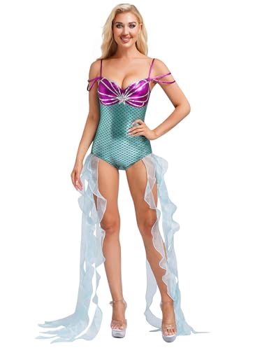 Freebily Damen Kostüm Meerjungfrau Body Bikini Glitzer Pailletten Metallic Tanzbody Tüll Rüschen Karneval Fasching Beachwear Minzgrün XL von Freebily