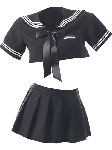 Freebily Damen Kostüm Schulmädchen Jk School Uniform Japanischer Matrosen Outfit Matrosen Bluse Faltenrock Set Schwarz L von Freebily