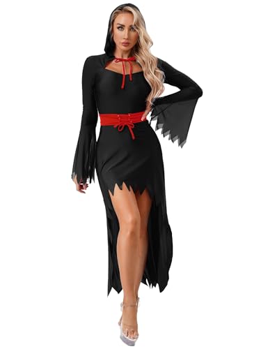 Freebily Damen Kostüm Teufel Kleid Mit Kapuze Dämon Satan Kleidung Frauen Halloween Faschingskostüme Cosplay Outfit von Freebily
