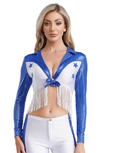 Freebily Damen Kostüm Western Cowgirl Oberteil Metallic Crop Top Fransen Bluse Rodeo Girl Oufit 60er 70er Jahre Hippie Kostüm Königsblau L von Freebily