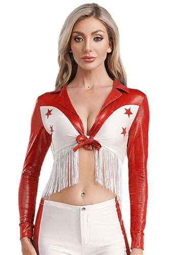 Freebily Damen Kostüm Western Cowgirl Oberteil Metallic Crop Top Fransen Bluse Rodeo Girl Oufit 60er 70er Jahre Hippie Kostüm Rot M von Freebily