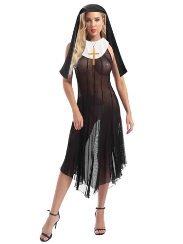 Freebily Damen Kostüm sexy Religiös Nonnen Kostüm Wetlook Lack Leder Mesh Kleid Rock Set Fasching Kostüm Nachtclub Party Outfit Schwarz_H XL von Freebily