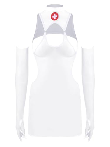 Freebily Damen Krankenschwester Kostüm Kleid Handschuhe Set Nurse Cosplay Uniform Versuchung Babydoll Neligee Weiß Einheitsgröße von Freebily