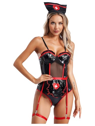 Freebily Damen Krankenschwester Outfit Lack Leder Netz Body Zubehör Set Halloween Karneval Kostüm Party Erotische Unterwäsche Babydoll Negligee Schwarz L von Freebily
