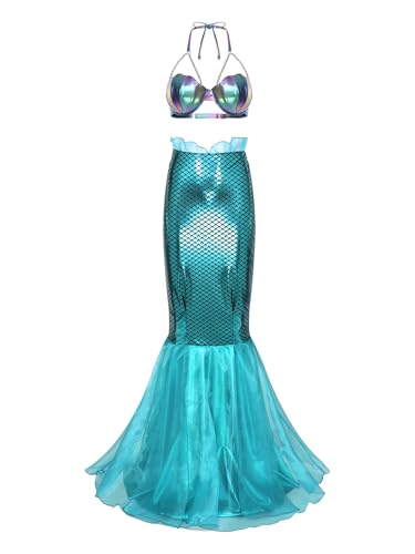 Freebily Damen Meerjungfrau Kostüm Rock Glitzer Fischschuppen Maxirock Und Muschel BH Fasching Karneval Kostüm Party Strandmode J XXL von Freebily