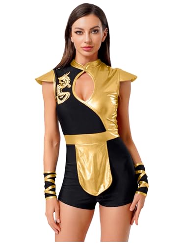 Freebily Damen Ninja Kostüm Japanischer Kämpfer Uniform Glänzende Bodysuit Halloween Fasching Karnevalskostüme Gold L von Freebily