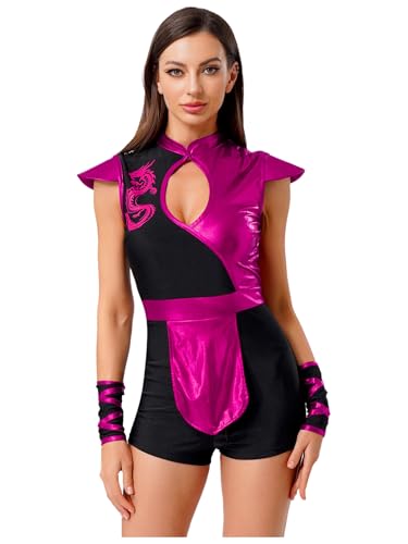 Freebily Damen Ninja Kostüm Japanischer Kämpfer Uniform Glänzende Bodysuit Halloween Fasching Karnevalskostüme Hot Pink XXL von Freebily
