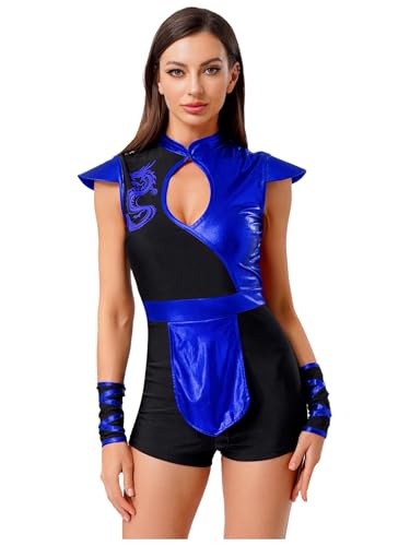 Freebily Damen Ninja Kostüm Japanischer Kämpfer Uniform Glänzende Bodysuit Halloween Fasching Karnevalskostüme Königsblau XXL von Freebily