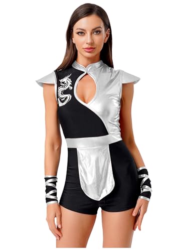 Freebily Damen Ninja Kostüm Japanischer Kämpfer Uniform Glänzende Bodysuit Halloween Fasching Karnevalskostüme Silber XXL von Freebily