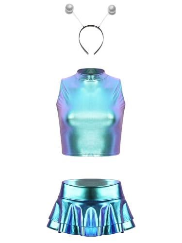 Freebily Damen Space Alien Kostüm Haarreif Glänzende Metallic Top Mini Skater Rock Set Karneval Kostüm Rave Mottoparty Outfit Clubwear Blau XXL von Freebily