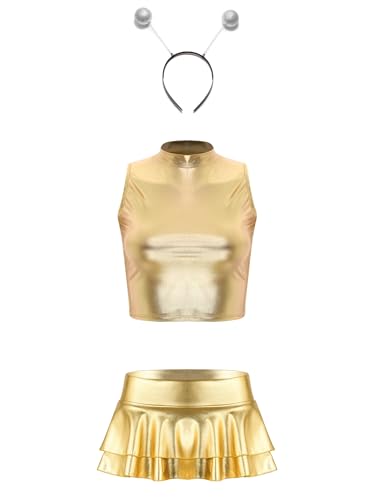 Freebily Damen Space Alien Kostüm Haarreif Glänzende Metallic Top Mini Skater Rock Set Karneval Kostüm Rave Mottoparty Outfit Clubwear Gold XXL von Freebily