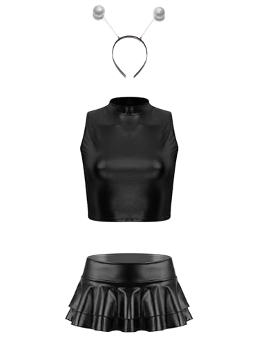 Freebily Damen Space Alien Kostüm Haarreif Glänzende Metallic Top Mini Skater Rock Set Karneval Kostüm Rave Mottoparty Outfit Clubwear Schwarz XXL von Freebily