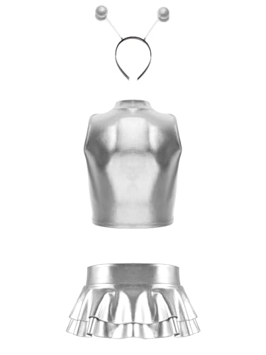 Freebily Damen Space Alien Kostüm Haarreif Glänzende Metallic Top Mini Skater Rock Set Karneval Kostüm Rave Mottoparty Outfit Clubwear Silber M von Freebily