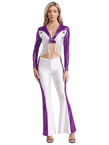 Freebily Damen Western Cowgirl Outfit 70s 80s Hippie Disco Anzug Glitzer Top Schlaghose Set Halloween Karnevalskostüm Wild West Outfit Violett XL Freebily Damen Western Cowgirl Outfit 70s 80s Hippie Disco Anzug Glitzer Top Schlaghose Set Halloween Karnevalskostüm Wild West Outfit Violett XL von Freebily
