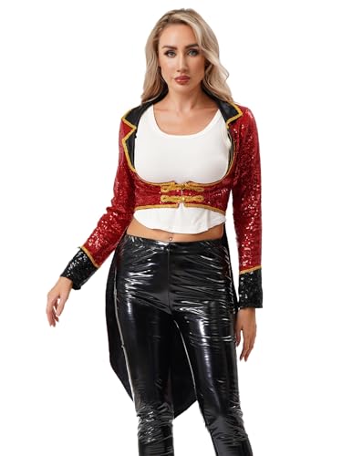 Freebily Damen Zirkus Kostüm Zirkusdirektor Jacke Glitzer Pailletten Frack Showman Cosplay Halloween Karneval Kostüm Rot M von Freebily