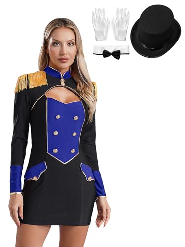 Freebily Damen Zirkus Kostüm Zirkusdirektor Uniform Kleid Eng Und Zylinder Fliege Handschuhe Set Halloween Karneval Kostüm Blau XXL von Freebily