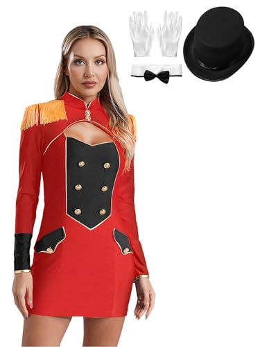 Freebily Damen Zirkus Kostüm Zirkusdirektor Uniform Kleid Eng Und Zylinder Fliege Handschuhe Set Halloween Karneval Kostüm Rot XXL von Freebily