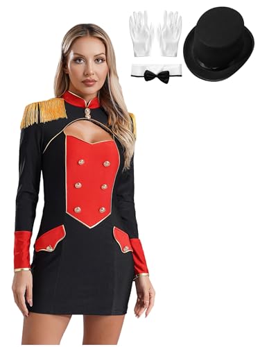 Freebily Damen Zirkus Kostüm Zirkusdirektor Uniform Kleid Eng Und Zylinder Fliege Handschuhe Set Halloween Karneval Kostüm Schwarz XXL von Freebily
