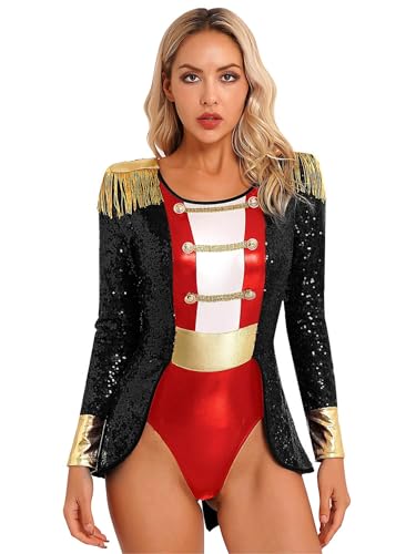 Freebily Damen Zirkus Ringmaster Kostüm Glitzer Frack Bodysuit Karneval Kostüm Halloween Showman Circus Manege Cosplay Tanz Trikot Overall Schwarz_A S von Freebily