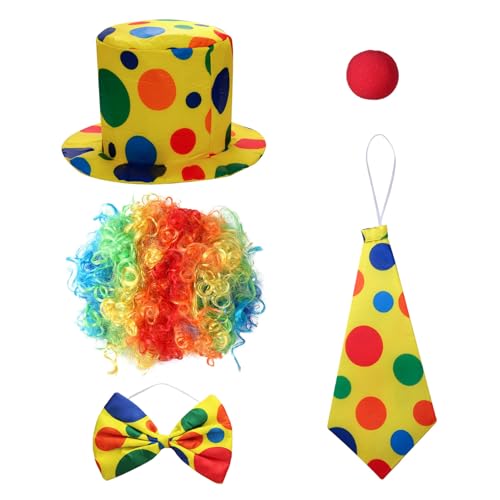 Freebily Erwachsene Clown Kostüm Set mit Clown Perücke Krawatte Clown Hut Schaum Nase Handschue Fliege Weihnachten Karneval Fancy Dress Up 5 Stück One Size von Freebily