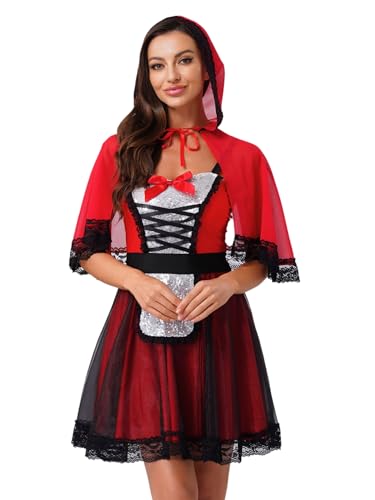 Freebily Erwachsene Damen Kostüm Rotkäppchen Kleid Mit Umhang Set Für Halloween Fasching Faschnacht Cosplay Partykleid Rot XXL von Freebily