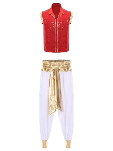 Freebily Erwachsene Herren Arabischer Prinz Kostüm Weste Hose Set Männer Fasching Halloween Kostüm Mottoparty Verkleidung Rot&Weiß L von Freebily