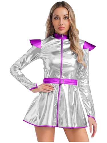 Freebily Frauen Alien Kostüm Space Girl Kleid Metallic Glitzer Minikleid Weltraum Party Outfit Für Halloween Karneval Fasching Silber M von Freebily