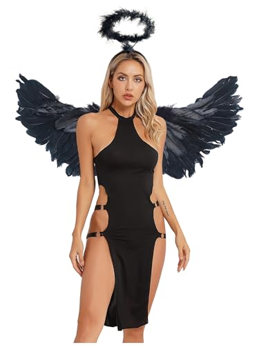 Freebily Frauenkostüm Schwarzer Engel Flügel Heiligenschein High Cut Kleid Set Damen Halloween Fasching Kostüm Party Rollenspiele Outfit Schwarz L Freebily Frauenkostüm Schwarzer Engel Flügel Heiligenschein High Cut Kleid Set Damen Halloween Fasching Kostüm Party Rollenspiele Outfit Schwarz L von Freebily