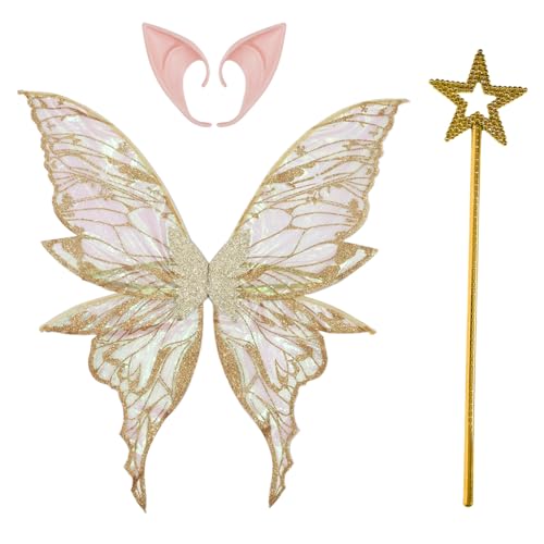 Freebily Glänzende Schiere Schmetterlingsflügel mit Feenstab Elfenohren Kostüm Accessoire für Halloween Party Champagner&Gold One Size Freebily Glänzende Schiere Schmetterlingsflügel mit Feenstab Elfenohren Kostüm Accessoire für Halloween Party Champagner&Gold One Size von Freebily