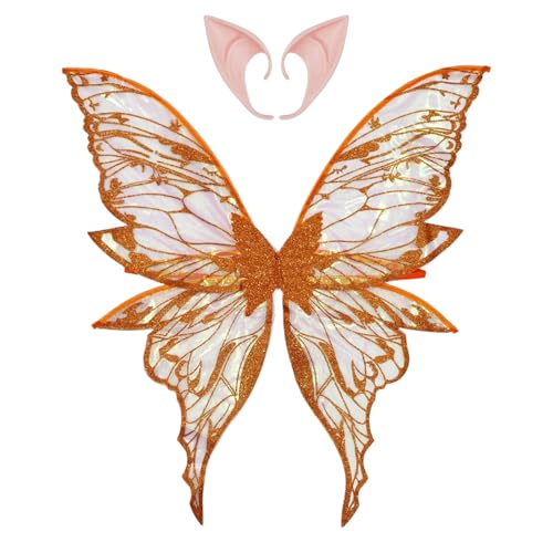 Freebily Glänzender Goldstempel Schmetterlingsflügel mit Feenelfenohren für Halloween Party Orange One Size von Freebily