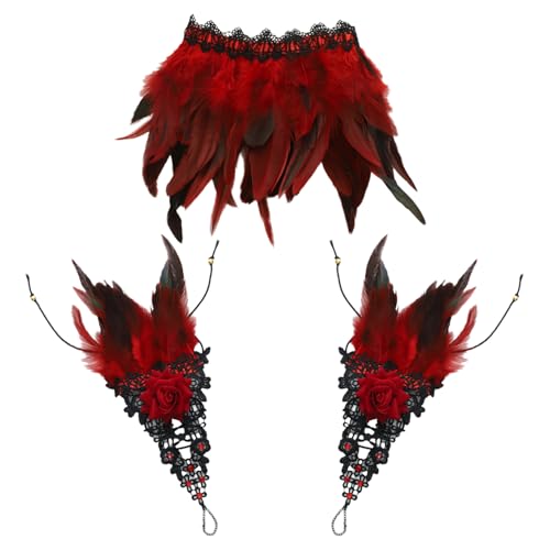 Freebily Gothic Feder Spitze Halskragen Armbänder Set Viktorianischen Natürlichen Feder Halsband Spitze Handschuhe Karneval Party Rot A One Size von Freebily