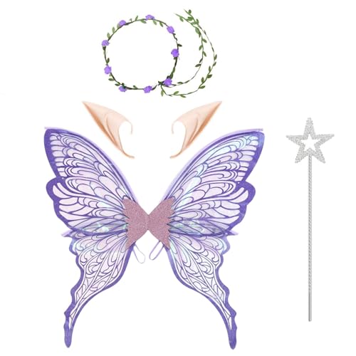 Freebily Große Feenflügel, glitzernde Schmetterlingsflügel, Blumenkrone und Elfenohren, Zauberstab für Halloween-Geburtstagsparty Lila Set Einheitsgröße von Freebily