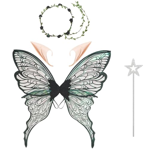 Freebily Große Feenflügel, glitzernde Schmetterlingsflügel, Blumenkrone und Elfenohren, Zauberstab für Halloween-Geburtstagsparty Schwarzes Set Einheitsgröße von Freebily