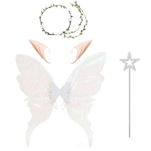 Freebily Große Feenflügel, glitzernde Schmetterlingsflügel, Blumenkrone und Elfenohren, Zauberstab für Halloween-Geburtstagsparty Weißes Set Einheitsgröße Freebily Große Feenflügel, glitzernde Schmetterlingsflügel, Blumenkrone und Elfenohren, Zauberstab für Halloween-Geburtstagsparty Weißes Set Einheitsgröße von Freebily