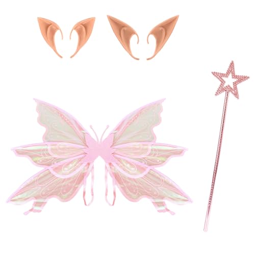 Freebily Große Feenflügel Glitzernde Schmetterlingsflügel und Elfenohren Zauberstab für Halloween-Geburtstagsparty Rosa Einheitsgröße von Freebily