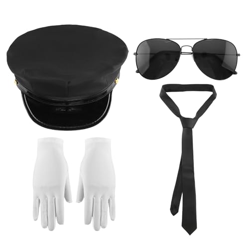 Freebily Halloween Chauffeur Set Chauffeur Mütze Sonnenbrille Krawatte Handschuhe Schlüsselanhänger Hochzeitsfahrer Taxifahrer Cosplay Zuebhör Typ A One Size von Freebily