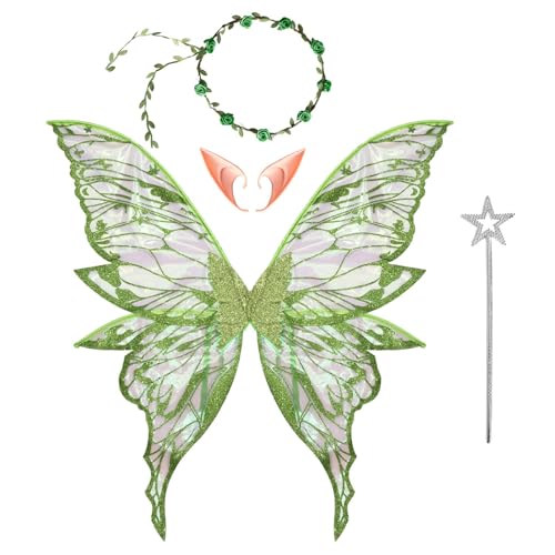 Freebily Halloween Glitzernde Schmetterlingsflügel Prinzessin Blumengirlande und Elfenohren Sternenstab für Cosplay Party Grün One Size Freebily Halloween Glitzernde Schmetterlingsflügel Prinzessin Blumengirlande und Elfenohren Sternenstab für Cosplay Party Grün One Size von Freebily