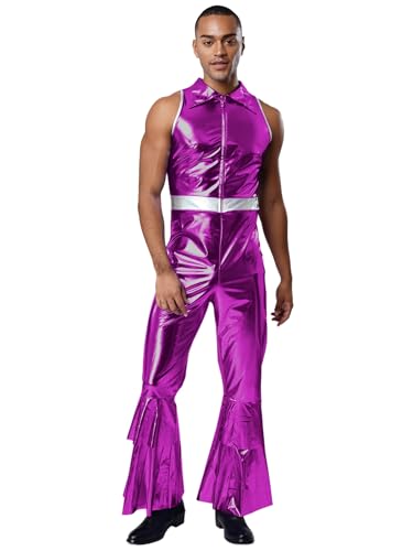 Freebily Herren 70er Jahre Disco Anzug Glänzend Metallic Jumpsuit Ausgestellter Overall Sänger Kostüm Fasching Party Clubwear Violett XXL von Freebily